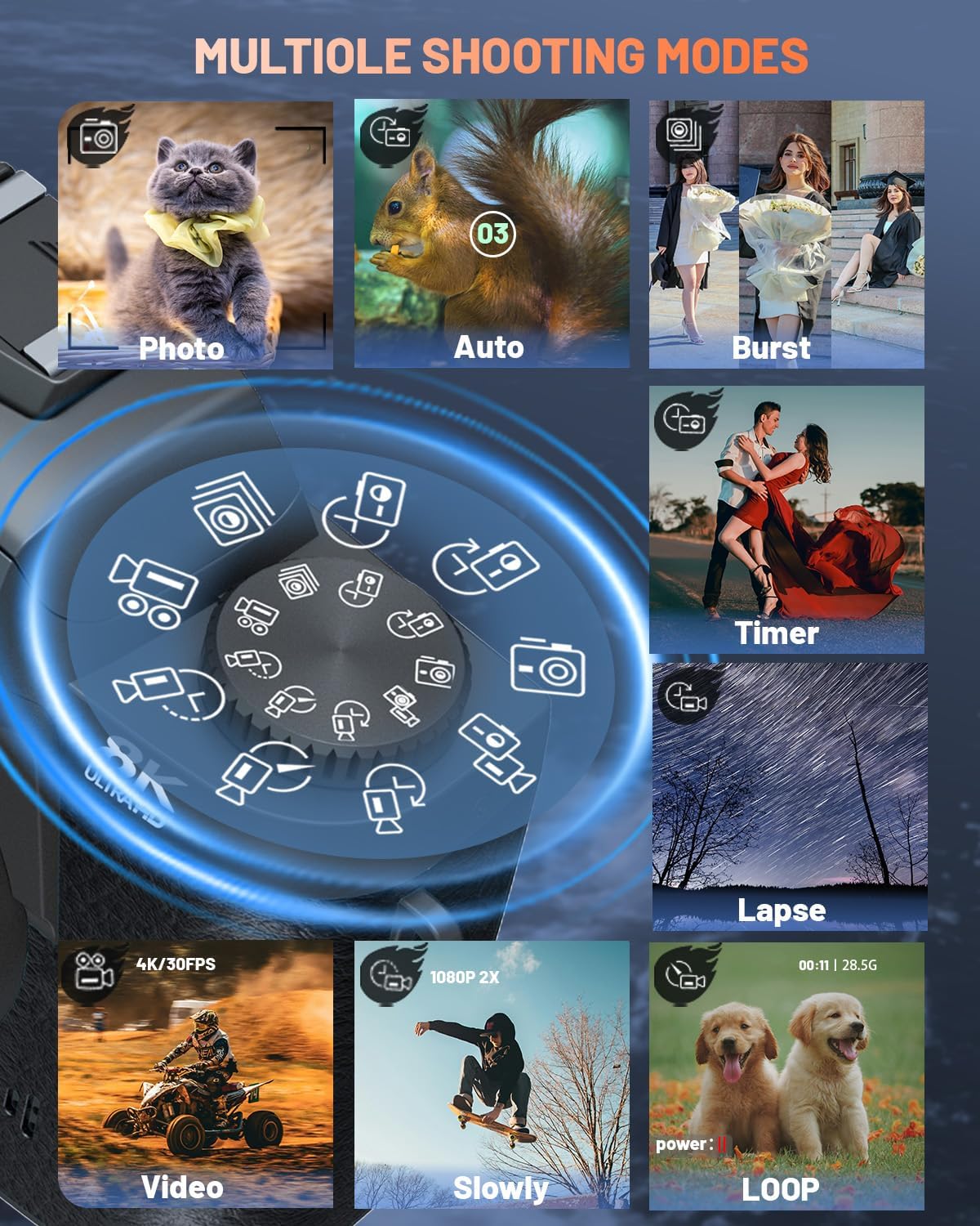 8K Digital Camera for Photography, Vlogging Camera for YouTube with Autofocus, 4 Inch Touchscreen 16X Digital Zoom Video Camera with 3000mAh Battery, Dual-Lens, Lens Hood, 32GB TF Card and Flash,Black - Image 4