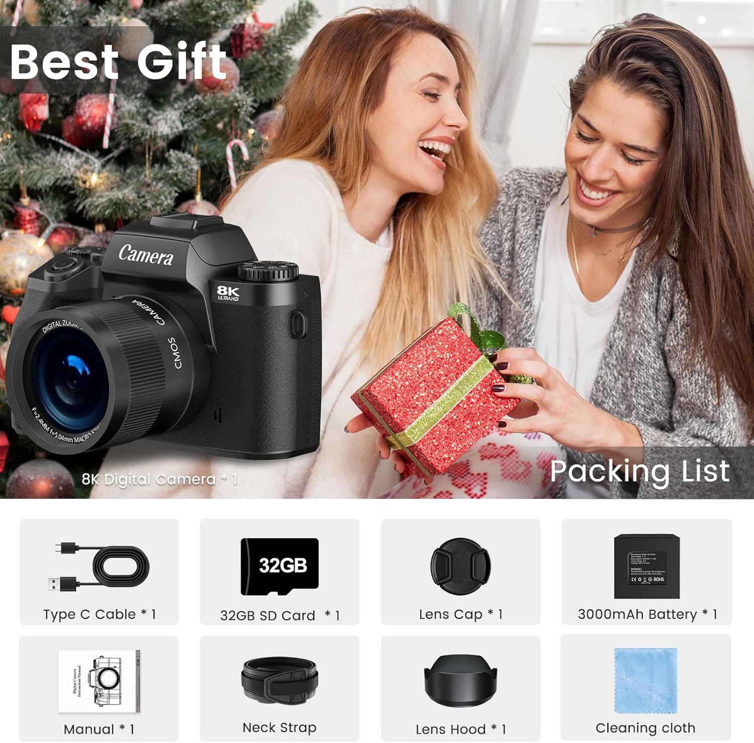 8K Digital Camera for Photography, Vlogging Camera for YouTube with Autofocus, 4 Inch Touchscreen 16X Digital Zoom Video Camera with 3000mAh Battery, Dual-Lens, Lens Hood, 32GB TF Card and Flash,Black - Image 9