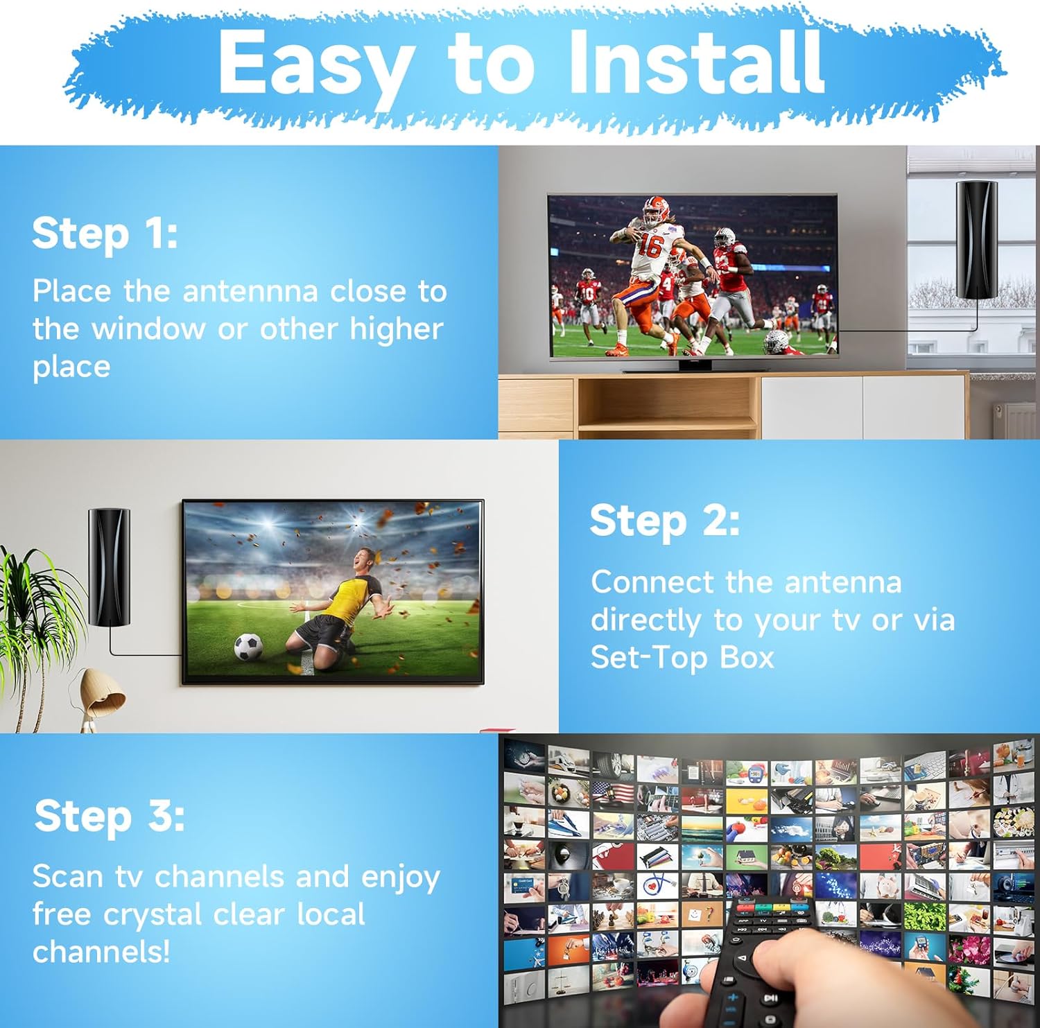 2025 Strongest Digital TV Antenna, 2200+Miles RangeTV Antenna for Smart TV Indoor, 360° Reception TV Antenna Indoor with Amplifier Signal Booster- Support 4K 8K 1080p with 38ft Thick Coaxial Cable - Image 6