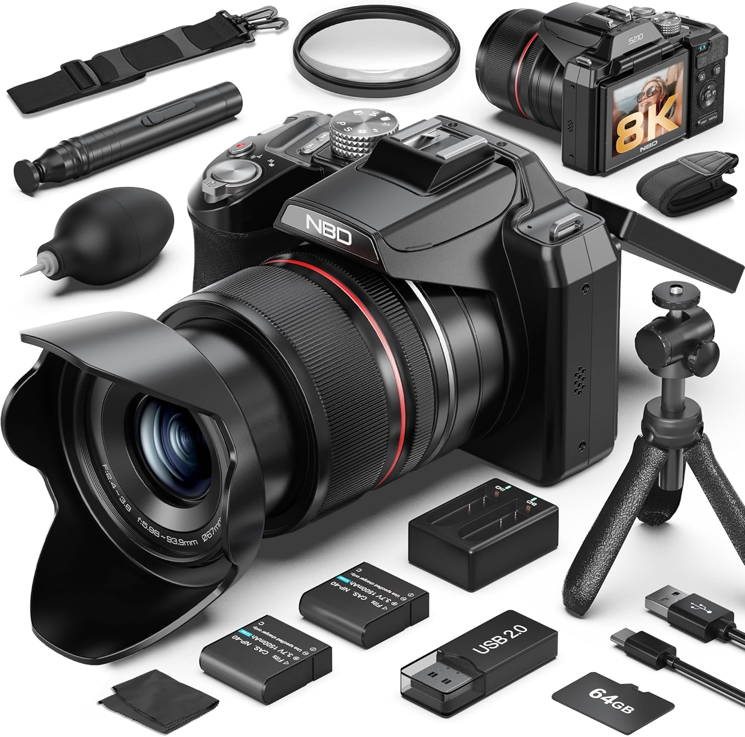 8K & 64MP Digital Camera for Photography, 48X Zoom (16X Optical + 3X Digital) with Moon Mode, 180° Flip Screen, WiFi, Micro HDMI, 64GB Card & 2 Batteries, Vlogging Camera for YouTube