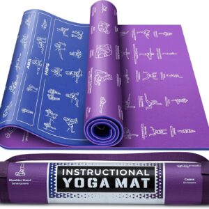 Instructional Yoga Mat with Carrying Strap: Cute Yoga Mat with 75 Illustrated Yoga Poses + 75 Easily-Followed Stretching Exercises – 1/4” Thick, Non-Toxic, Non-Slip Yoga Mats for Women and Men