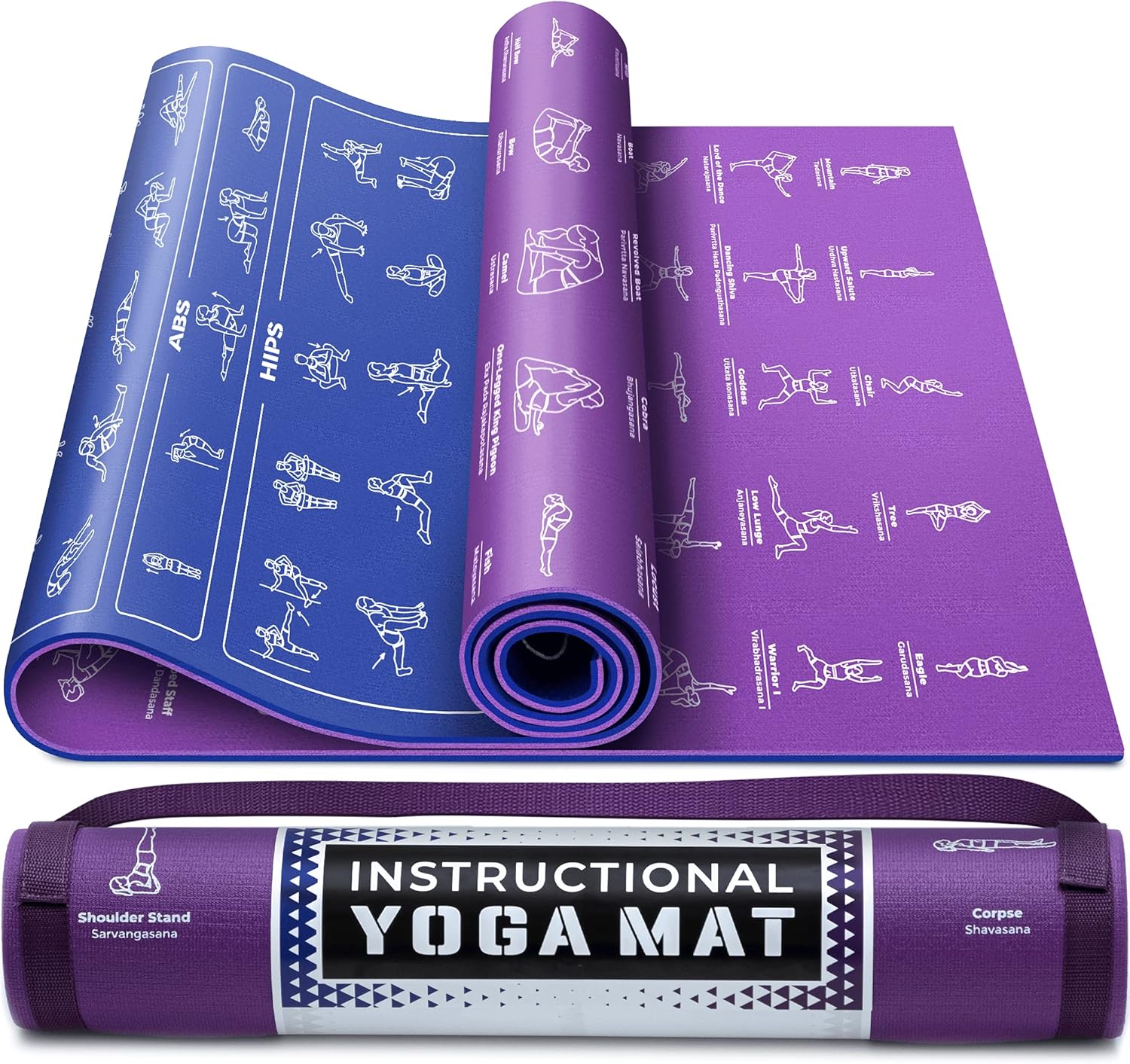Instructional Yoga Mat with Carrying Strap: Cute Yoga Mat with 75 Illustrated Yoga Poses + 75 Easily-Followed Stretching Exercises - 1/4” Thick, Non-Toxic, Non-Slip Yoga Mats for Women and Men