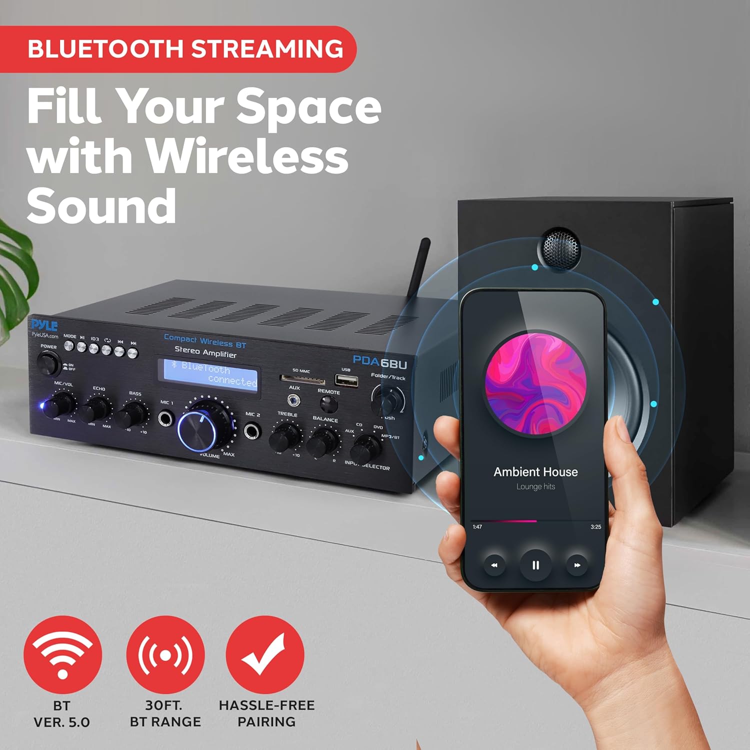 Pyle Wireless Bluetooth Power Amplifier System- 200W Dual Channel Sound Audio Stereo Receiver w/USB, SD, AUX, MIC w/Echo, Radio, LCD - Home Theater Entertainment via RCA, Studio Use, Black - PDA6BU.6 - Image 2