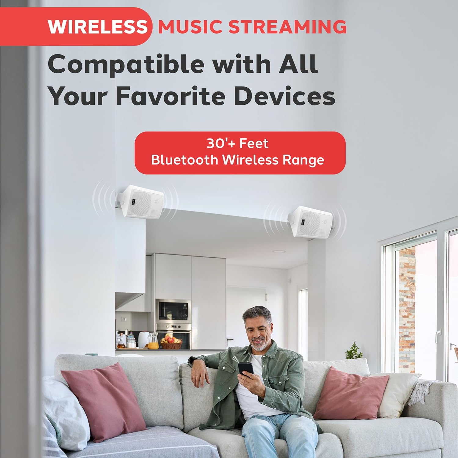 Pyle Wall Mount Bluetooth Home Speaker System - Active + Passive Pair, Wireless, Water-resistant, Stereo Sound, AUX IN (White) - Image 3