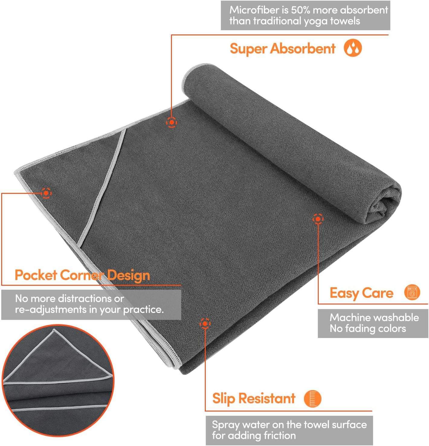 IUGA Yoga Towel for Hot Yoga Non Slip Extra Thick Yoga Mat Towel + Hand Towel 2in1 Set with Corner Pockets Super Absorbent and Quick Dry Hot Yoga Towel - Image 2