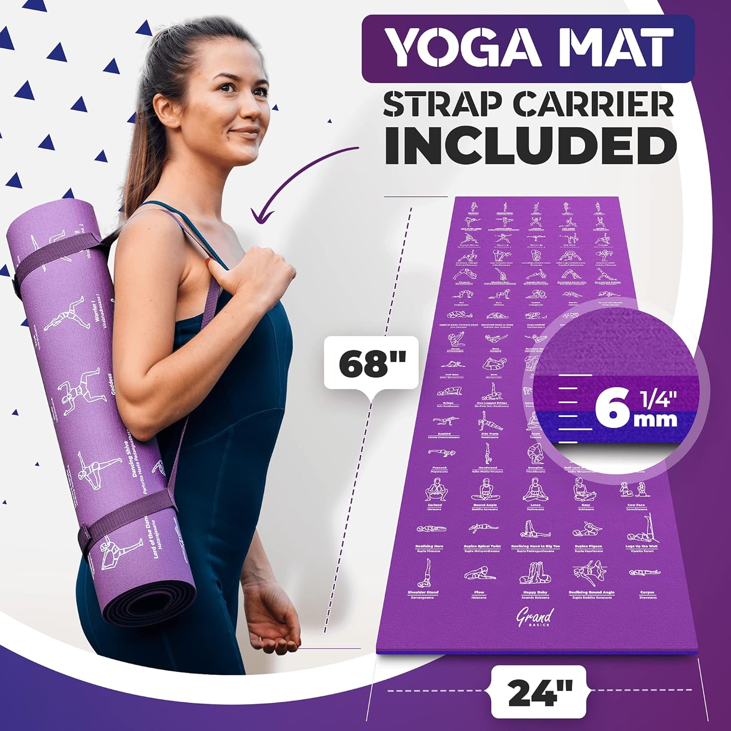 Instructional Yoga Mat with Carrying Strap: Cute Yoga Mat with 75 Illustrated Yoga Poses + 75 Easily-Followed Stretching Exercises - 1/4” Thick, Non-Toxic, Non-Slip Yoga Mats for Women and Men - Image 2
