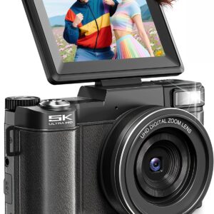 Digital Camera 5K, 64MP Cameras for Photography, YouTube Vlogging, 18X Zoom UHD Autofocus Compact Point and Shoot Flip Screen Camera with 64GB SD Card, 2 Batteries, Small Photo Camera for Kids, Teen