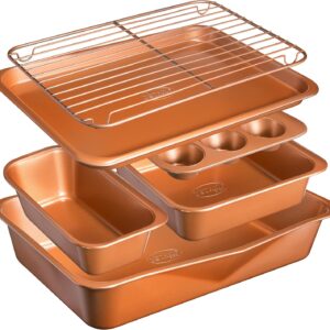 6 Piece Non-Stick Bakeware Set Includes Baking Pans, Cookie Sheet, Loaf Pan, Muffin Tin and more with Premier Ti-Cerama Copper Coating 100% PFOA Free,Graphite