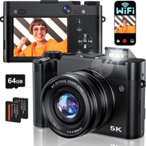 Digital Camera, 6X Optical Zoom & WiFi, 5K 30FPS 64MP Vlogging Camera, Rear and Front Cameras for Photography and Video, Autofocus & Anti-Shake, Travel Selfie for YouTube with Flash Dial 64GB Card
