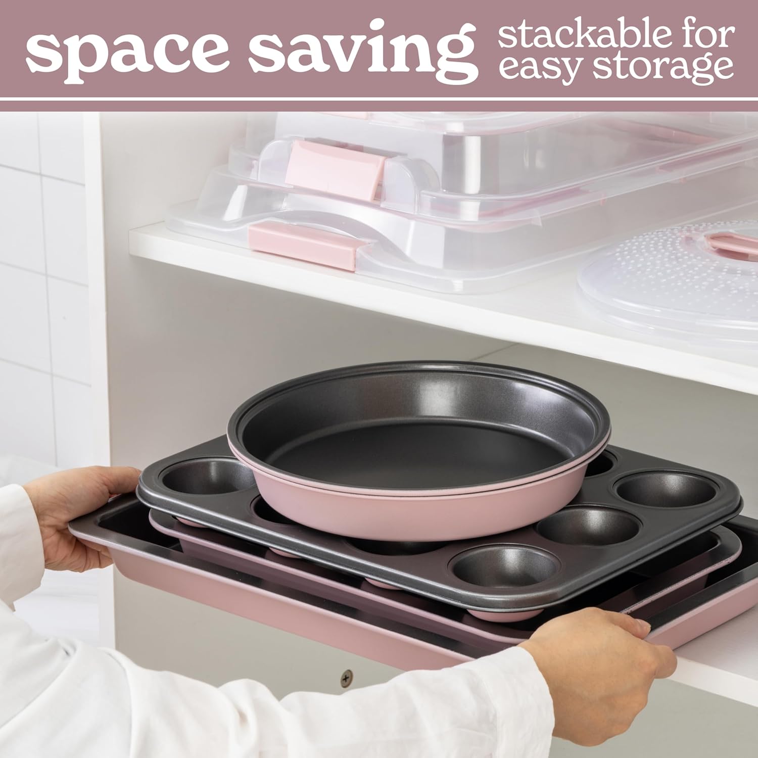 Country Kitchen Baking Pans Set - 10 Piece Non-Stick Cake Pans with Carry Lids for Easy Storage & Travel, Perfect for Parties - Stackable, Pink - Image 5