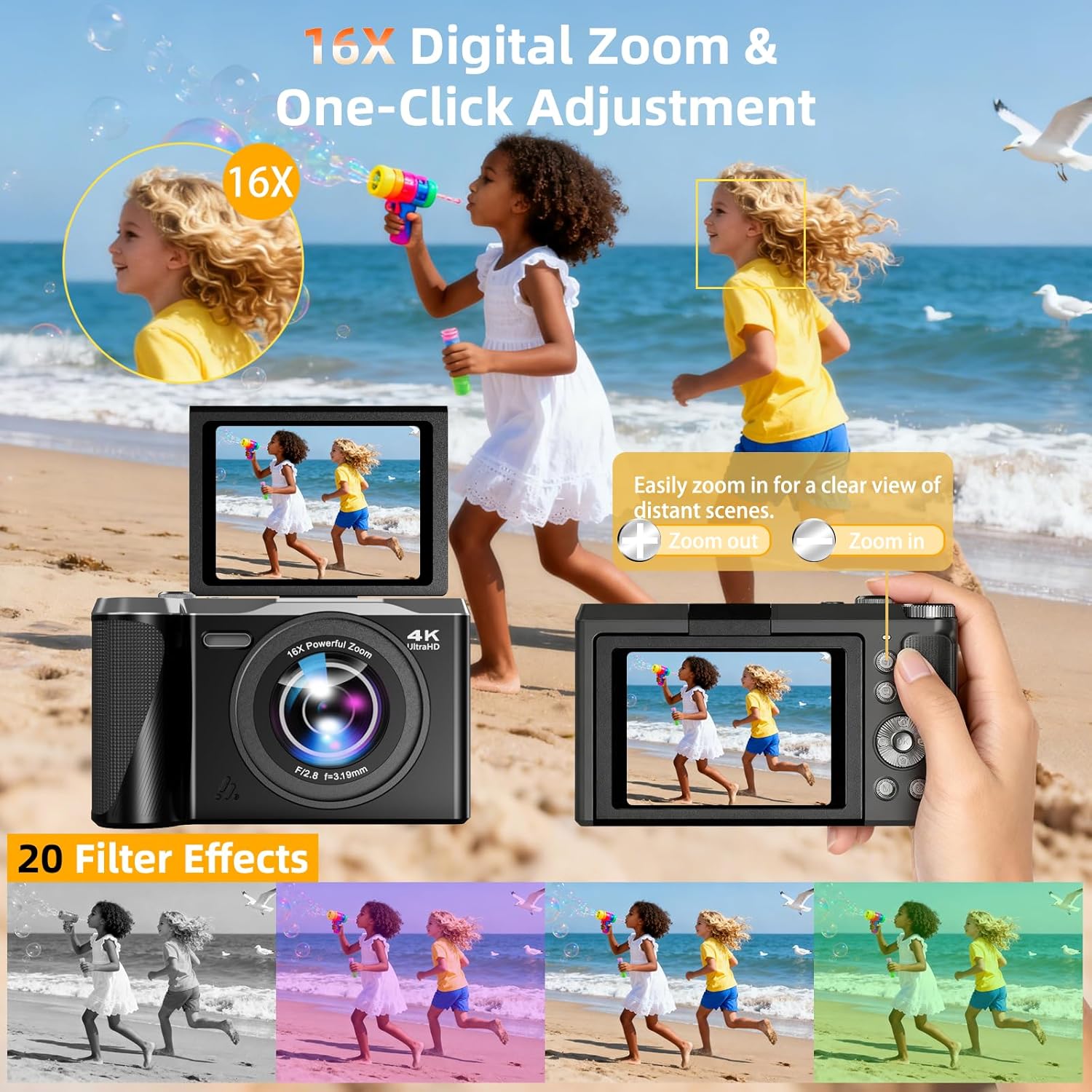 4K Digital Camera for Photography and Video, 56MP Autofocus Vlogging Camera for YouTube, 3" 180° Flip Screen & 16X Digital Zoom, Compact Travel Cameras with 32GB SD Card for Beginners & Adults - Image 4