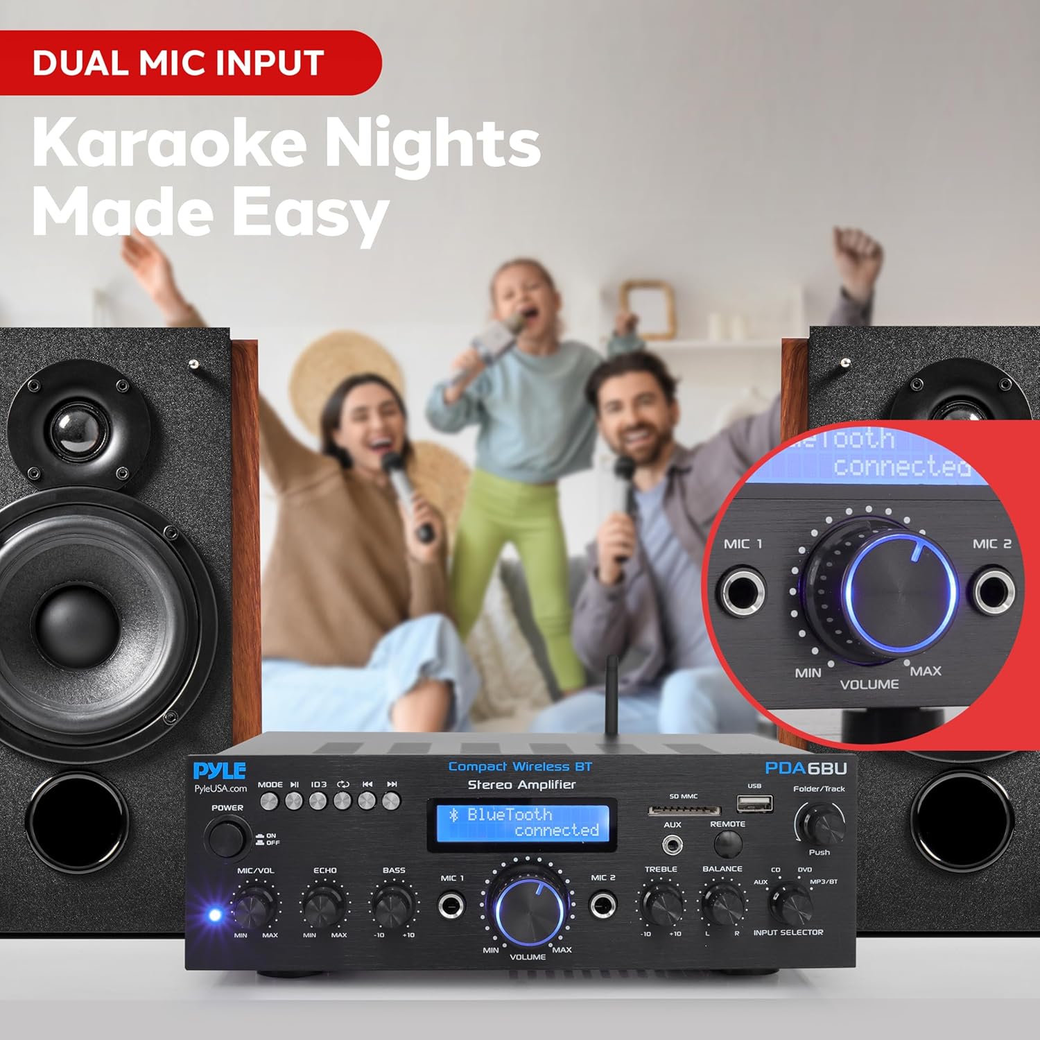 Pyle Wireless Bluetooth Power Amplifier System- 200W Dual Channel Sound Audio Stereo Receiver w/USB, SD, AUX, MIC w/Echo, Radio, LCD - Home Theater Entertainment via RCA, Studio Use, Black - PDA6BU.6 - Image 4