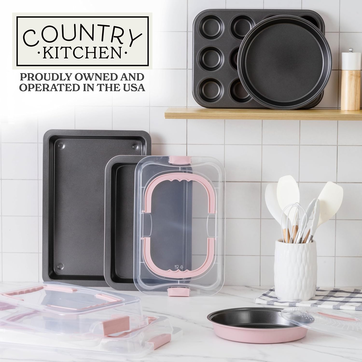 Country Kitchen Baking Pans Set - 10 Piece Non-Stick Cake Pans with Carry Lids for Easy Storage & Travel, Perfect for Parties - Stackable, Pink - Image 3