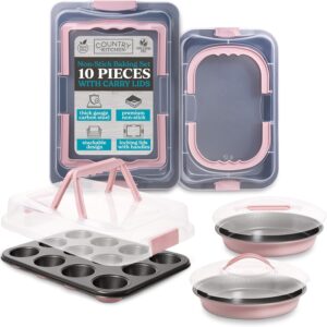 Country Kitchen Baking Pans Set – 10 Piece Non-Stick Cake Pans with Carry Lids for Easy Storage & Travel, Perfect for Parties – Stackable, Pink