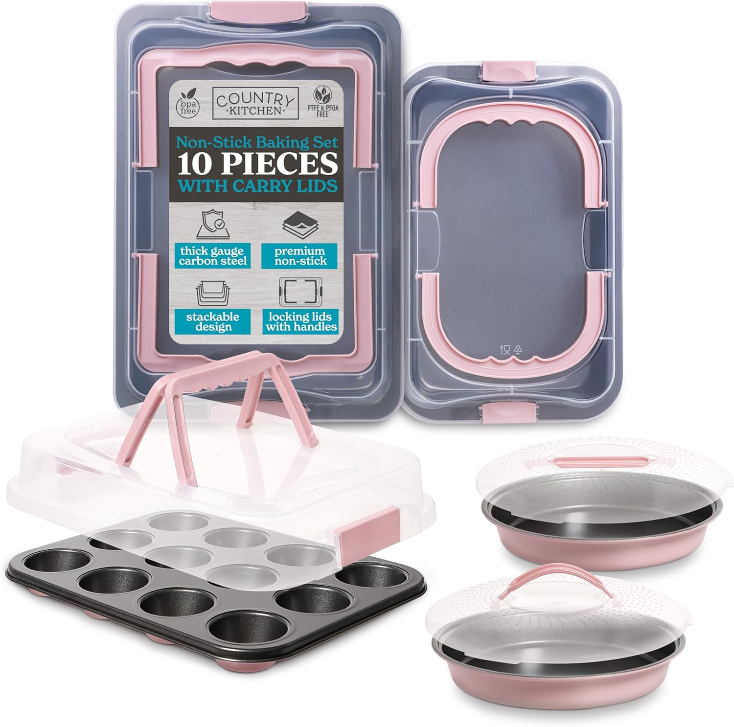 Country Kitchen Baking Pans Set - 10 Piece Non-Stick Cake Pans with Carry Lids for Easy Storage & Travel, Perfect for Parties - Stackable, Pink