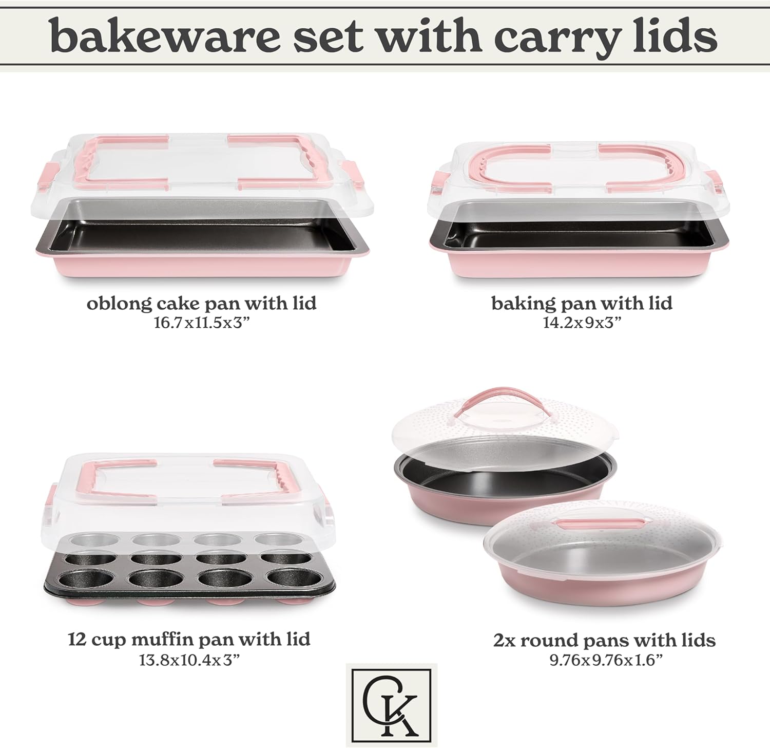 Country Kitchen Baking Pans Set - 10 Piece Non-Stick Cake Pans with Carry Lids for Easy Storage & Travel, Perfect for Parties - Stackable, Pink - Image 2