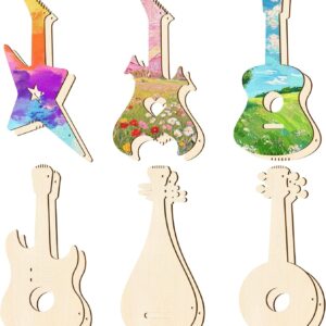 12 Pcs Unfinished Wood Musical Instruments Cutouts with Hemp Rope Large Sized DIY Wood Guitar Cutouts kit for Music Themed Wooden Decorations Painting Craft Project Party Concert Home Decor