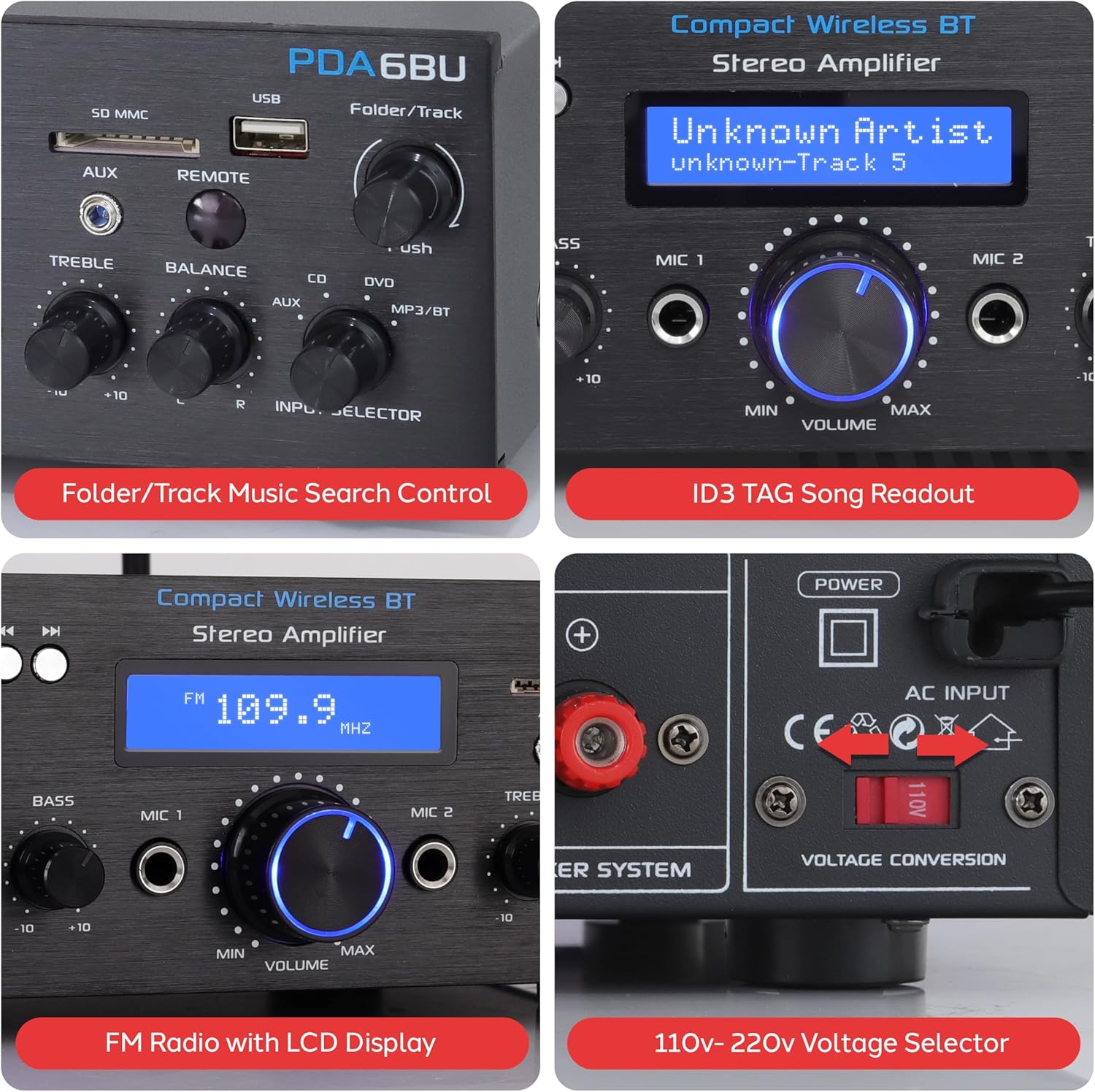 Pyle Wireless Bluetooth Power Amplifier System- 200W Dual Channel Sound Audio Stereo Receiver w/USB, SD, AUX, MIC w/Echo, Radio, LCD - Home Theater Entertainment via RCA, Studio Use, Black - PDA6BU.6 - Image 5