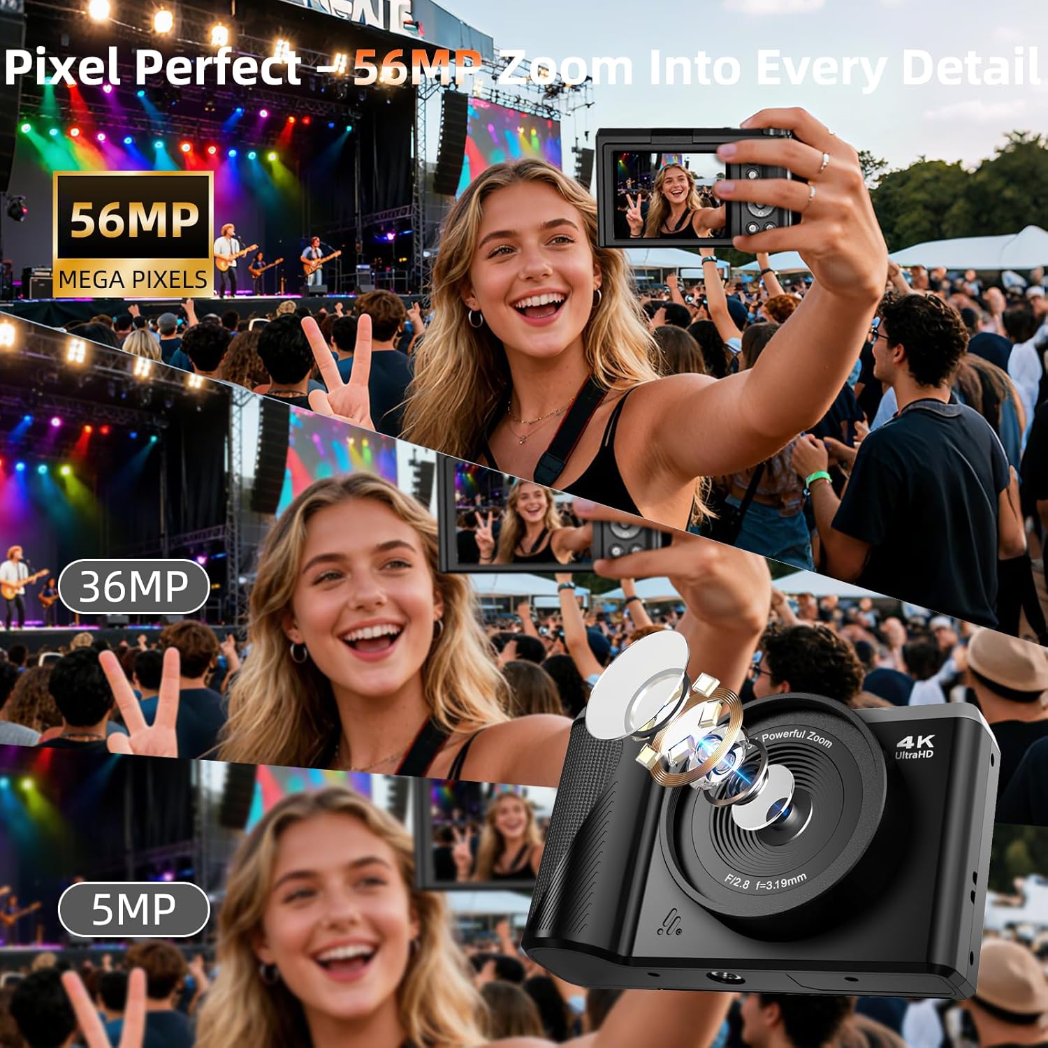 4K Digital Camera for Photography and Video, 56MP Autofocus Vlogging Camera for YouTube, 3" 180° Flip Screen & 16X Digital Zoom, Compact Travel Cameras with 32GB SD Card for Beginners & Adults - Image 2