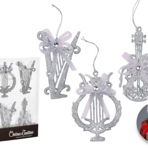 Christmas Traditions 4 inch Silver Glittered Musical Instruments Christmas Hanging Ornaments Tree Decorations Guitar/Harp/Lyre (Set of 6)