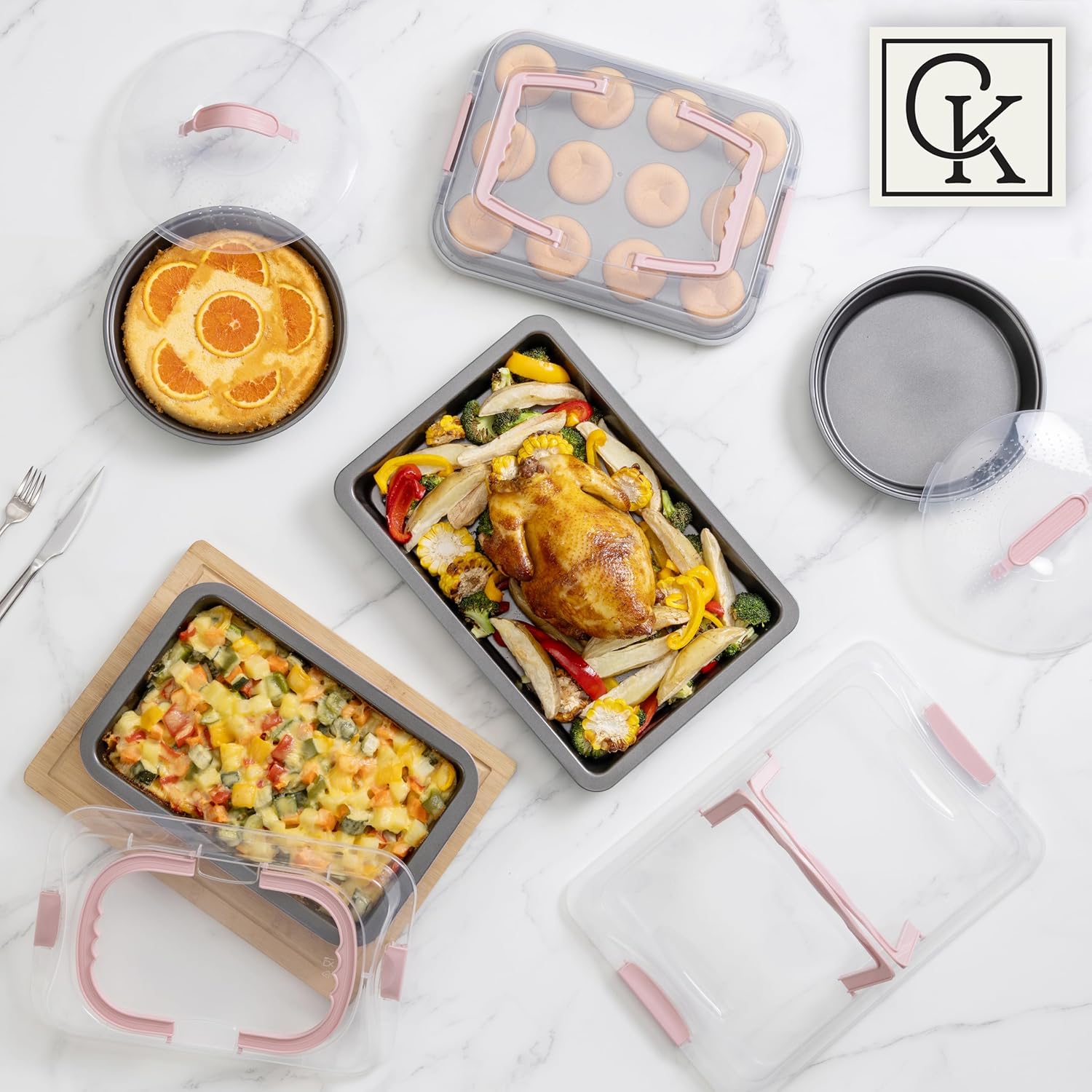 Country Kitchen Baking Pans Set - 10 Piece Non-Stick Cake Pans with Carry Lids for Easy Storage & Travel, Perfect for Parties - Stackable, Pink - Image 8