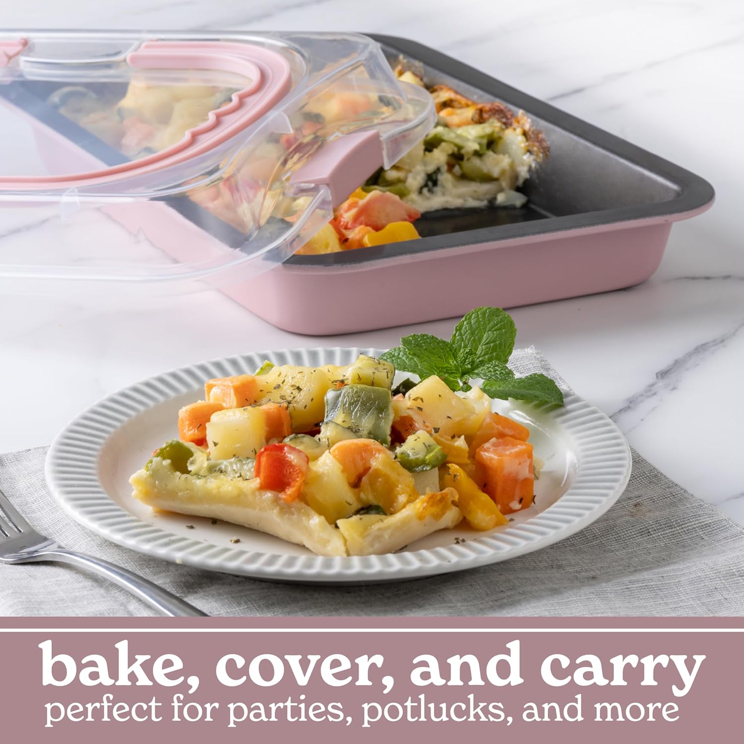 Country Kitchen Baking Pans Set - 10 Piece Non-Stick Cake Pans with Carry Lids for Easy Storage & Travel, Perfect for Parties - Stackable, Pink - Image 4