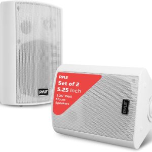 Pyle Wall Mount Bluetooth Home Speaker System – Active + Passive Pair, Wireless, Water-resistant, Stereo Sound, AUX IN (White)