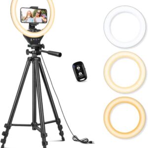 Sensyne 10” Ring Light with 50” Extendable Tripod Stand, LED Circle Lights with Phone Holder for Live Stream/Makeup/YouTube Video/TikTok, Compatible with All Phones