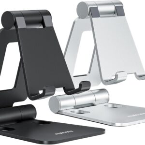 Nulaxy 2 Pack Dual Folding Cell Phone Stand, Fully Adjustable Foldable Desktop Phone Holder Cradle Dock Compatible with iPhone 17 16 15 14 13 12 11 Pro Max Xs Xr X 8, All Phones, Black & Silver