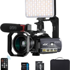 ORDRO UHD 4K Video Camera IR Night Vision Vlogging Camera for YouTube Digital Zoom Recorder with Microphone, Wide Angle Lens, LED Video Light, Handheld Stabilizer, Carrying Case,64GB Memory Card