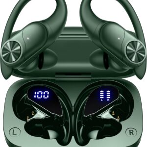 PocBuds Bluetooth Headphones Wireless Earbuds 80hrs Playtime Wireless Charging Case Digital Display Sports Ear Buds with Earhook Deep Bass IPX7 Waterproof Over-Ear Earphones for TV Phone Laptop Olive
