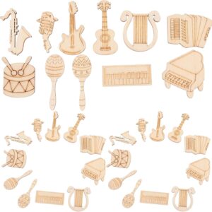Tofficu 100Pcs Unfinished Wood Musical Instrument Decorations 1.57X0.79 Inch DIY Woodcraft Cutouts with Piano Guitar Bass Saxophone Shapes for Arts and Crafts Projects