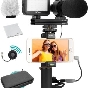 Movo Vlog Kit V7 – YouTube Starter Kit with Grip, Stereo Microphone, Light and Wireless Remote Vlogging Kit for iPhone for YouTube, TikTok, Vlogging Equipment for iPhone/Android – iPhone Vlogging Kit