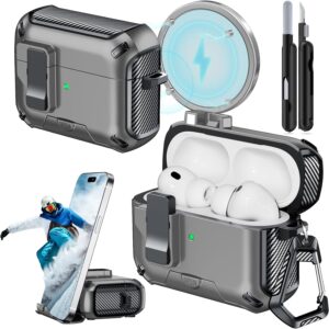 JOREMX for AirPods Pro 3 Case (2025) with Phone Stand,（with Automatic Snap Switch） Carbon Fiber Design Protection Cover for Airpods Pro 3 Gen with Cleaning Pen,Gray