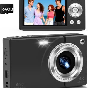 Digital Camera, 4K Vlogging Camera with Autofocus, 64MP, 16X Zoom, 64GB Card Included, Built-in Battery, Small Digital Camera for Teen Adult Beginners, Ideal for Travel & YouTube – Black