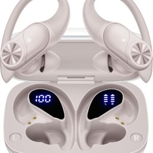 PocBuds Bluetooth Headphones Wireless Earbuds 80hrs Playtime Wireless Charging Case Digital Display Sport Ear Buds with Earhook Deep Bass IPX7 Waterproof Over-Ear Earphones for Phone Laptop Beige