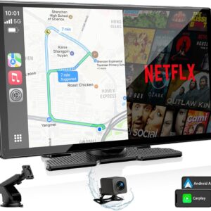 Volam 9” Carplay Screen with Net-Flix YouTube and AHD Backup Camera Upgraded Wireless Android Auto Screen Portable AI Magic Video Box Built-in Apps Voice Control Car GPS for iOS 10+ Android 11+
