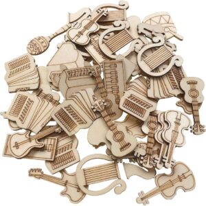 100Pcs Mini Musical Instrument Wood DIY Crafts Cutouts Wooden Piano Guitar Bass Shaped Slices Embellishments Wood Ornaments for Baby Shower Wedding Birthday Christmas Party Decorations