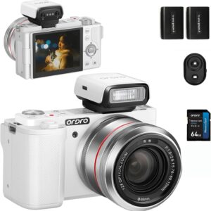 ORDRO G730 5K Digital Camera for Photography, 64MP Auto & Manual Focus Digital Camera for YouTube with 3.2” 270° Flip Screen, 12X Optical Zoom Compact Travel Camera with 64G Card, 2 Batteries & Flash