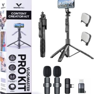 Vlogging Kit for iPhone, YouTube TikTok Podcast Video Recording Starter Kit for Content Creators, Equipment: Full Size Tripod, Phone Stabilizer, Shotgun Microphones & LED Lights