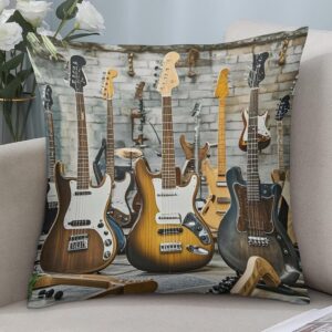 2 Packs Decorative Throw Pillow Covers 12″x12″ Square Pillowcase Covers Guitar Bass Music Musical Instrument Modern Farmhouse Soft Cushion Cover for Couch Bed Living Room Home Decor Pillow Case