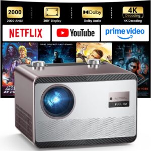 Projector 4K with WiFi and Bluetooth [2000 ANSI/AI Auto Focus/Official Licensed Apps], Outdoor Movie Projector with Smart TV OS 2.0 & Dolby, HAPPRUN Home Theater Projector for Indoor/Outdoor Use