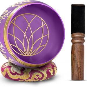 Tibetan Singing Bowl Set – 4″ Easy To Play Authentic Handmade For Meditation Sound 7 Chakra Healing By HIMALAYAN BAZAAR (Purple, 4″)