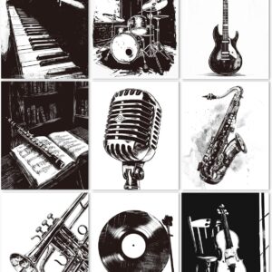 CRAFTYMELODY Vintage Music Wall Art Prints Set of 9 Black White Musical Instrument Poster Wall Decor Home Artworks for Gallery Living Dining Room Bedroom Bathroom Home Decoration 8×10 Inch Unframed