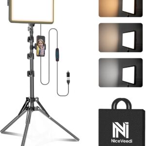 NiceVeedi 1-Pack Photography Lighting Kit, 2800-6500K Bi-Color LED Video Light Kit, Dimmable Studio Light with Tripod Stand & Phone Holder, Light for Video Recording, Game Streaming, YouTube