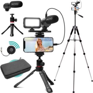 Movo iVlogger Vlogging Kit for iPhone with Fullsize Tripod – Lightning Compatible YouTube Starter Kit for Content Creators – Accessories: Tripods, Phone Mount, LED Light and Shotgun Mic