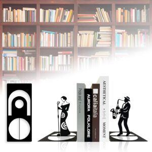 Jazz Band Metal Bookends, Music Bookends, Musical Instrument Book Ends, Singer and Saxophone Player Shelf Decor, Musician Book Stand, Black Book Holders for Home Office