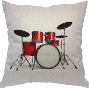 Moslion Music Pillows Rock N Roll Jazz Musical Instrument Drum Set for Show Concert Party Throw Pillow Cover Decorative Square Accent Cotton Linen Home Cushion Pillow Case 18X18 Inch Red Silver White