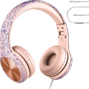 LilGadgets Connect+ Pro Wired Kids Headphones for School with Microphone, Volume Limiting Over-Ear Headset with Cord, SharePort Technology & SoftTouch Padding, Girl Power
