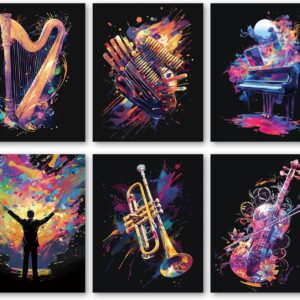 Bgohrd Watercolor Musical Instruments Poster, Colorful Band Painting Wall Art Decor, Black Background Instruments Poster For Home Living Room, Elegant Gifts For Musician, Set Of 6 -C04